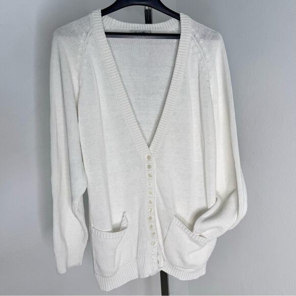 Vintage White Button Front Cardigan SweaterLarge Cottagecore Preppy Cotton - Picture 2 of 5